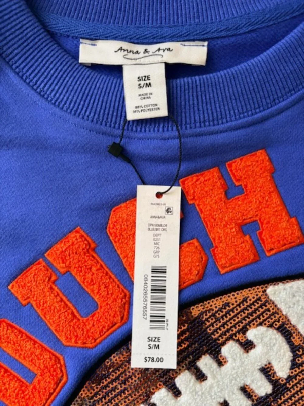 Anna & Ava Sequin Football Touch Down Cropped Oversize Sweatshirt Womens S/M NWT - Picture 12 of 14